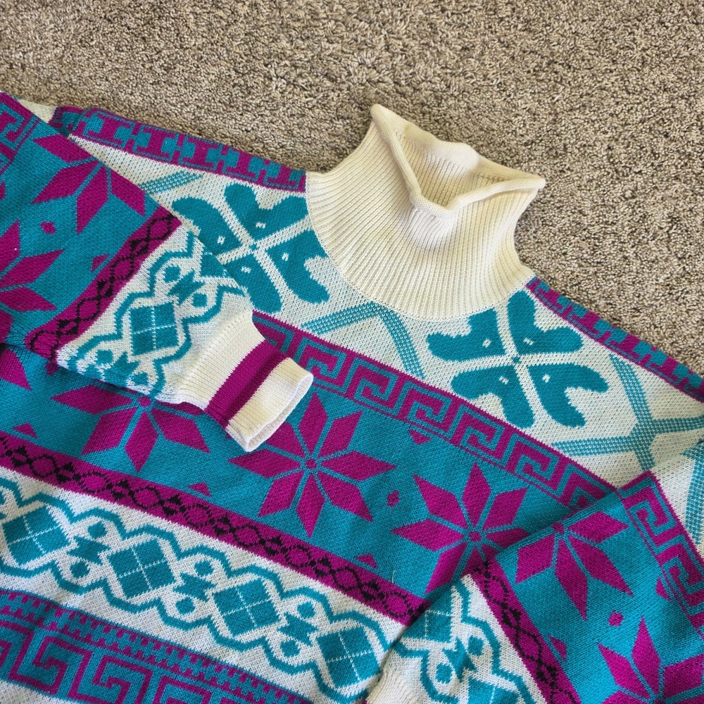 VINTAGE OSSI Skiwear Turtleneck Sweater Womens Teal Magenta‎ Fair Isle 80s Retro